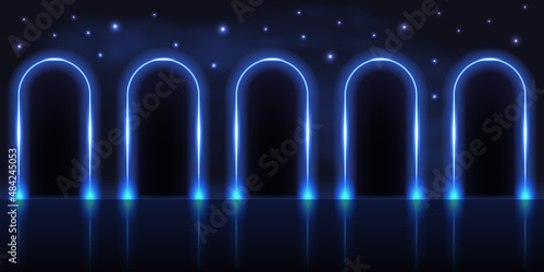 Neon glowing gate portal, stage podium with arch gates, dark blue night sky with shiny stars. Techno futuristic background, cyberpunk background, galaxy space, light efect. Vector illustration