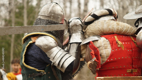 Reconstruction of a medieval jousting tournament. Inventory of knights and protective ammunition. Handmade by craftsmen. They have no historical value. 