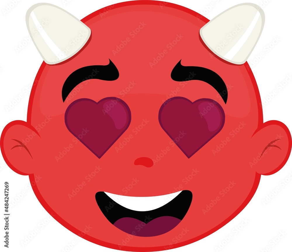 Vector illustration of the face of a little devil with heart-shaped eyes, concept of love and valentine Vector illustration of the face of a little devil with heart-shaped eyes, concept of love and valentine