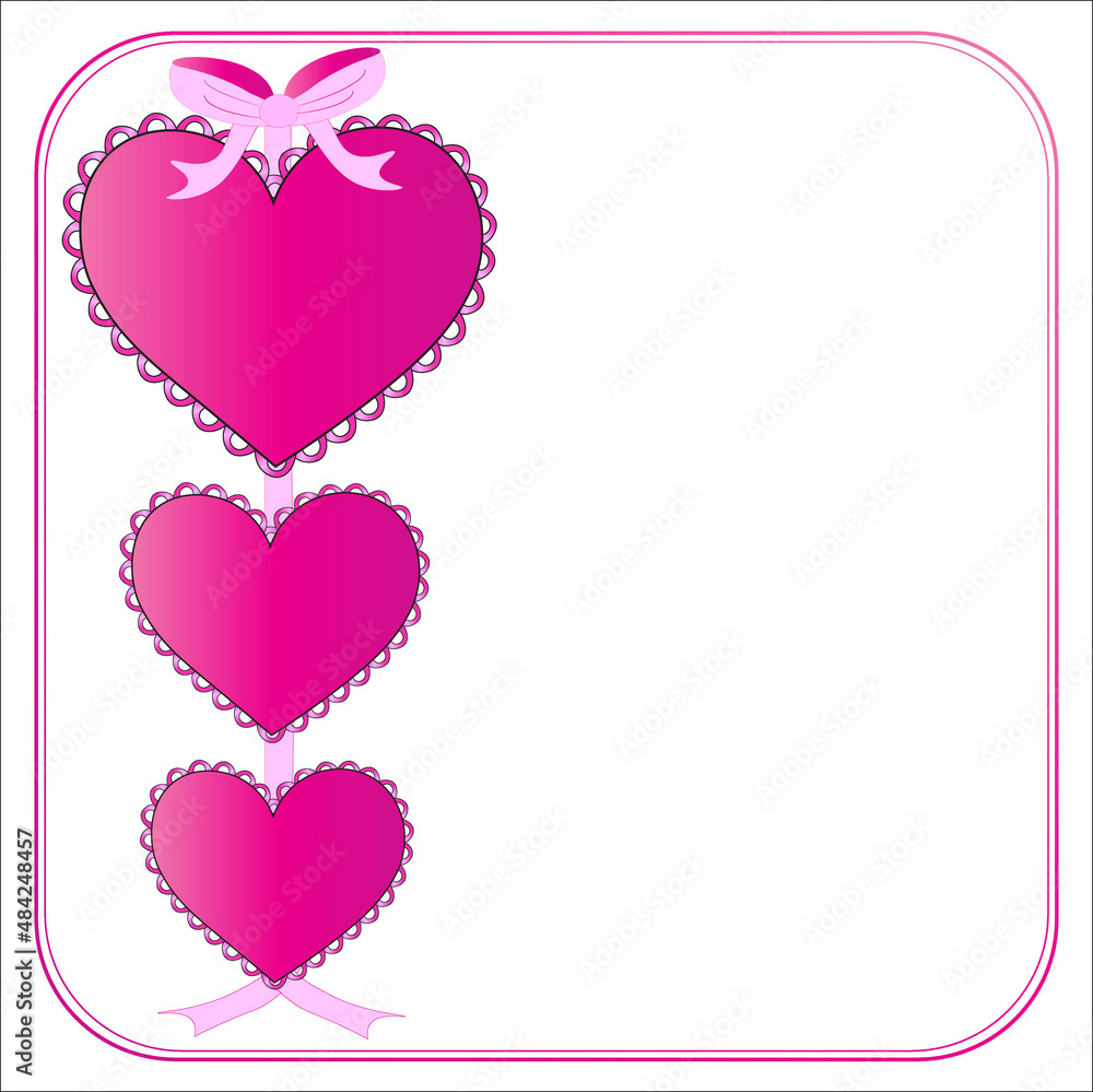 Three decorative hearts hanging to the left on white background with ribbon/bow tying them together.  Pink curved border.  Text area available on white background.