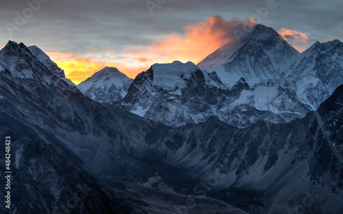  Fire on Everest. Everest mountain on sunrise, view from Gokio Ri peak. Himalayas, Nepal