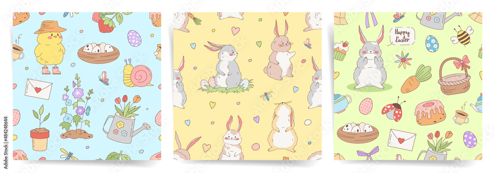 Spring seamless patterns set with easter bunnies and cartoon spring elements. 