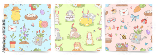 Easter bunnies vector seamless patterns. 