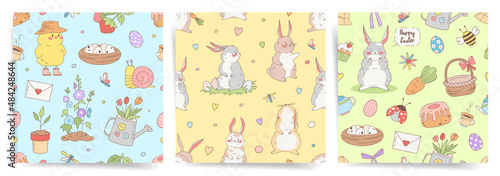 Spring seamless patterns set with easter bunnies and cartoon spring elements. 