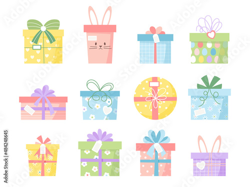 Spring style easter gift boxes set. Vector illustrations of cute decorative gift presents with bunny, floral and geometric patterns.