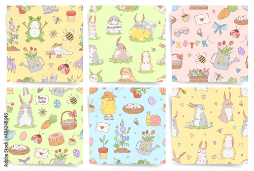 Easter seamless pattern set. Vector design illustrations with easter bunnies, grass, spring elements like bee, flowers, carrots, butterfly, basket, seedling, easter eggs. 