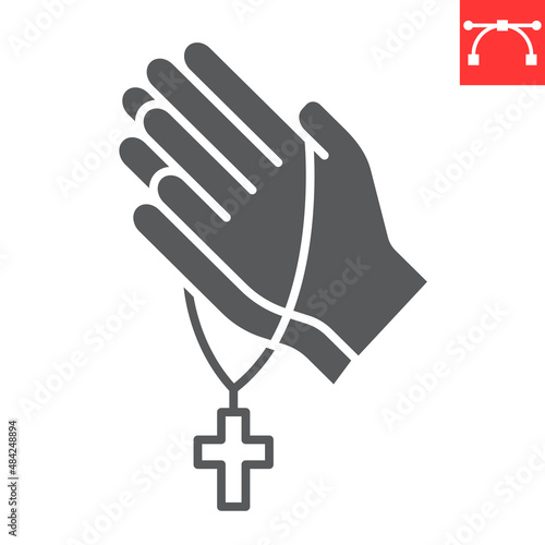 Pray glyph icon, hope and christianity, praying hands with rosary vector icon, vector graphics, editable stroke solid sign, eps 10.