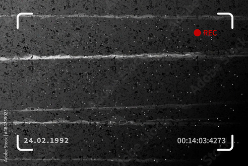 Retro VHS noise background, gray glitch camera effect on black