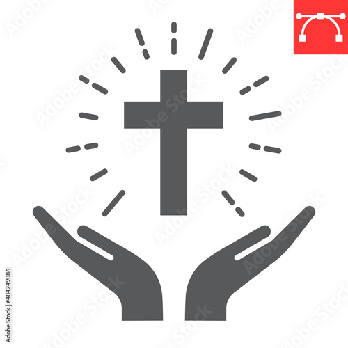 Praying hands holding cross glyph icon, christian and prayer, hands holding cross vector icon, vector graphics, editable stroke solid sign, eps 10.