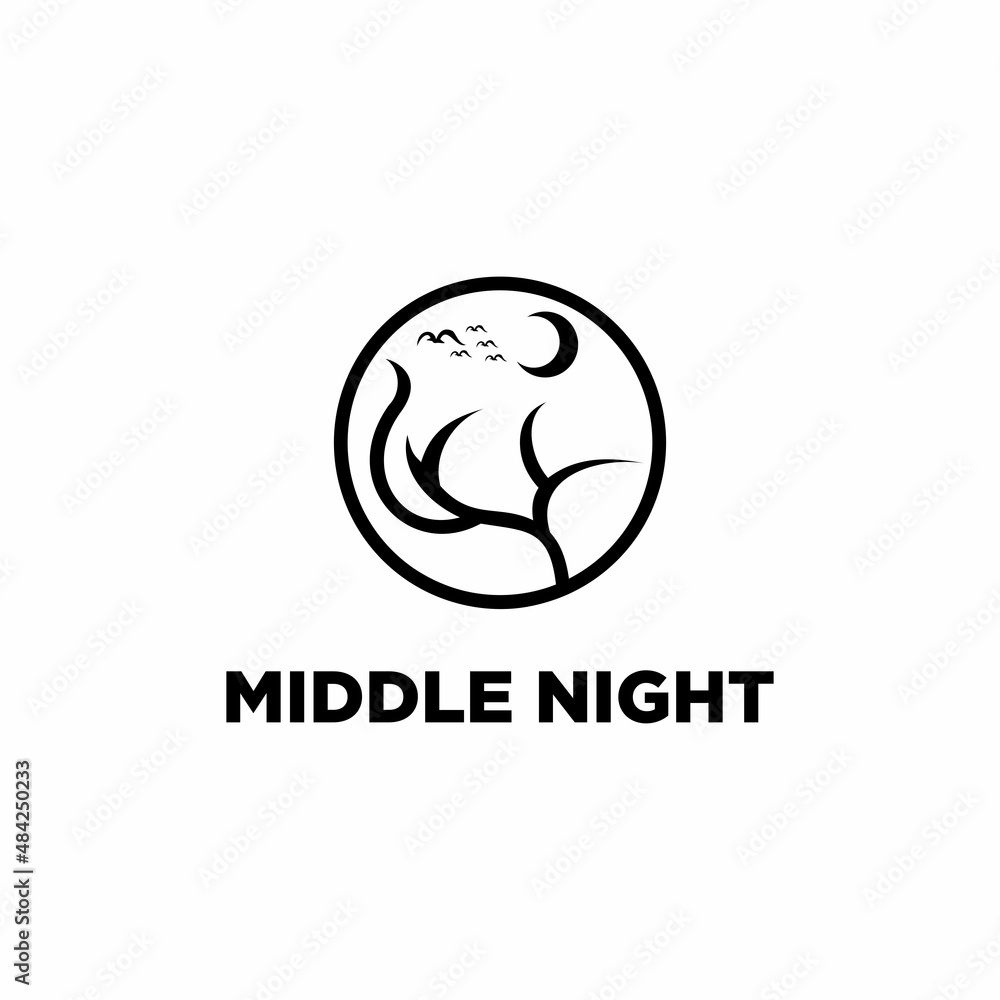 midnight logo design, silhouette image of the moon and flying birds and tree branches logo midnight logo design, silhouette image of the moon and flying birds and tree branches logo