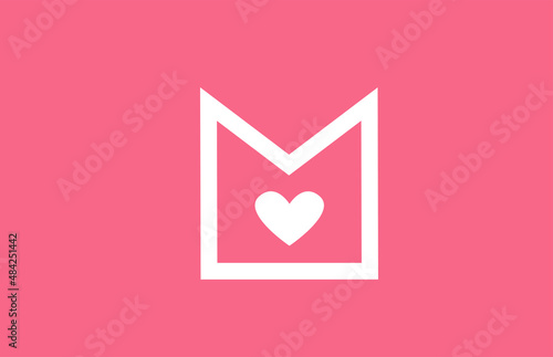M love heart alphabet letter logo icon with pink color and line. Creative design for a dating site company or business
