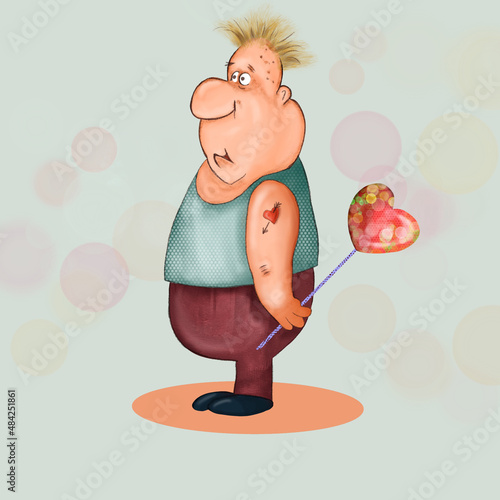 illustration of a cartoon style hand drawn illustration of a man holding a heart shaped balloon in his hand