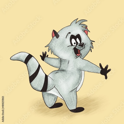 illustration of a hand-drawn funny raccoon in a cartoon style.