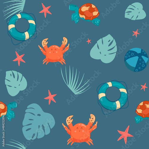 Seamless pattern. crab turtle blue background. Vector illustration. for cards, wallpaper, textile, fabric, kindergarten. Cartoon style. life buoy, turtle ball, monstera leaves, marine background. © Yuliia