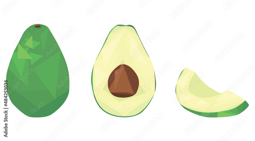 set avocado isolated on white background. a whole avocado, half with a stone and a slice of avocado. Exotic fruits. geometric style. veganism. sweet food. flat vector. set avocado isolated on white background. a whole avocado, half with a stone and a slice of avocado. Exotic fruits. geometric style. veganism. sweet food. flat vector.