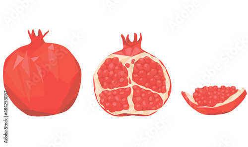 pomegranate isolated on white background. Garnet. whole pomegranate, half and slice of pomegranate. Exotic fruits. geometric style. veganism. sweet food. flat vector.