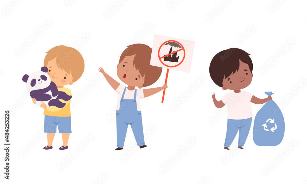 Little Boy Taking Care of Planet and Nature Saving Animal and Sorting Garbage for Recycle Vector Illustration Set Little Boy Taking Care of Planet and Nature Saving Animal and Sorting Garbage for Recycle Vector Illustration Set