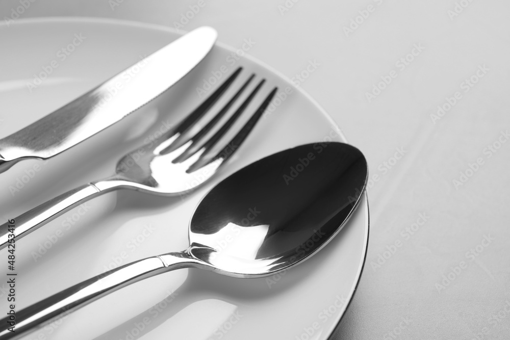Plate with cutlery on light grey table, closeup Plate with cutlery on light grey table, closeup