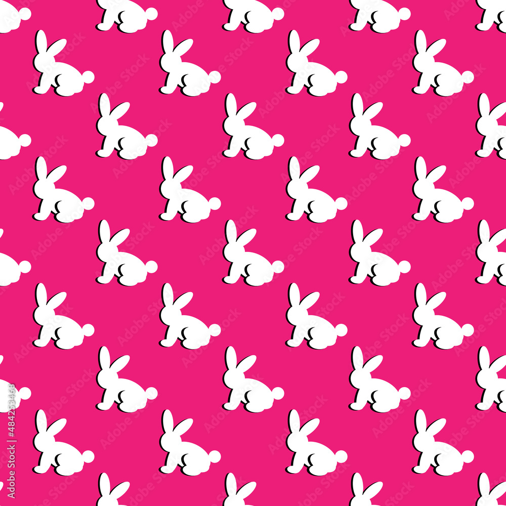 Easter seamless pattern with white rabbits on pink background. Bunnu pattern. Vector illustration