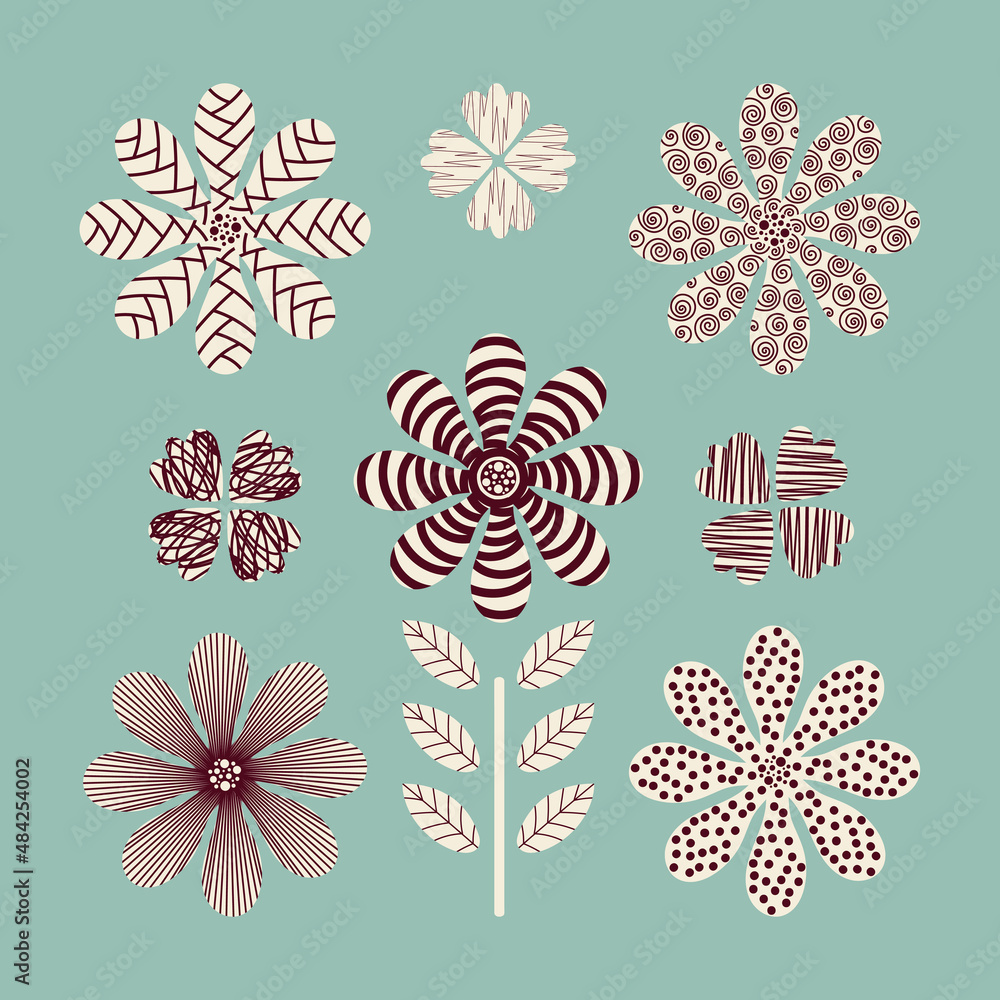 Set of  abstract flowers. Hand drawn various  doodle objects.   Vector isolated  flowers.