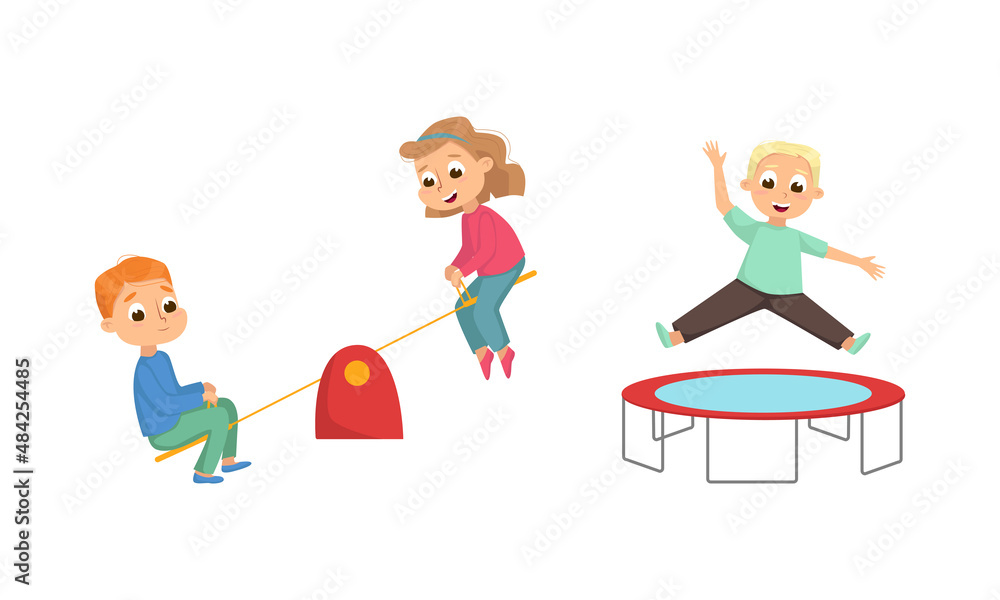 Children Playing on Playground in City Park with Trampoline and Seesaw Vector Illustration Set Children Playing on Playground in City Park with Trampoline and Seesaw Vector Illustration Set