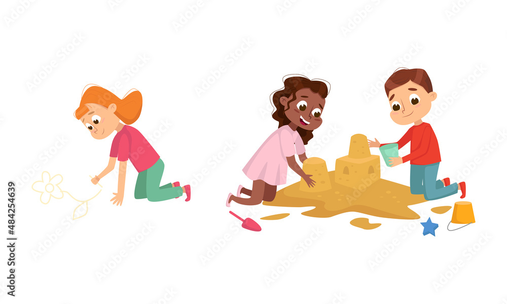 Children Playing on Playground in City Park Building Sandcastle in Sandpit and Drawing on Ground with Chalk Vector Illustration Set Children Playing on Playground in City Park Building Sandcastle in Sandpit and Drawing on Ground with Chalk Vector Illustration Set