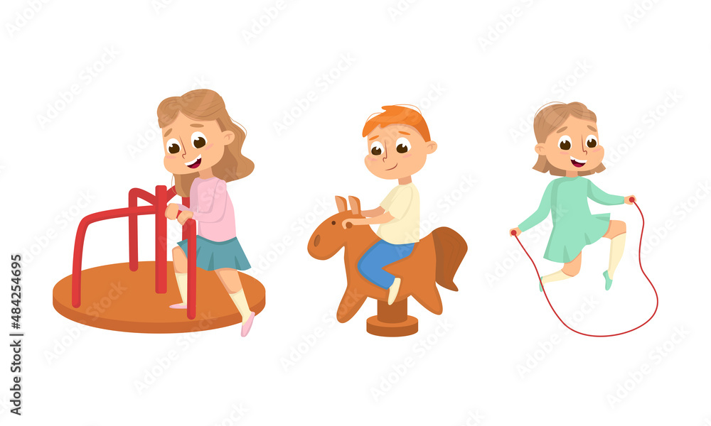 Children Playing on Playground in City Park with Carousel and Skipping Rope Vector Illustration Set Children Playing on Playground in City Park with Carousel and Skipping Rope Vector Illustration Set
