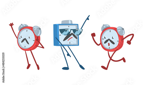 Red and Blue Alarm Clock Character Standing with Raised Hand and Running Vector Illustration Set