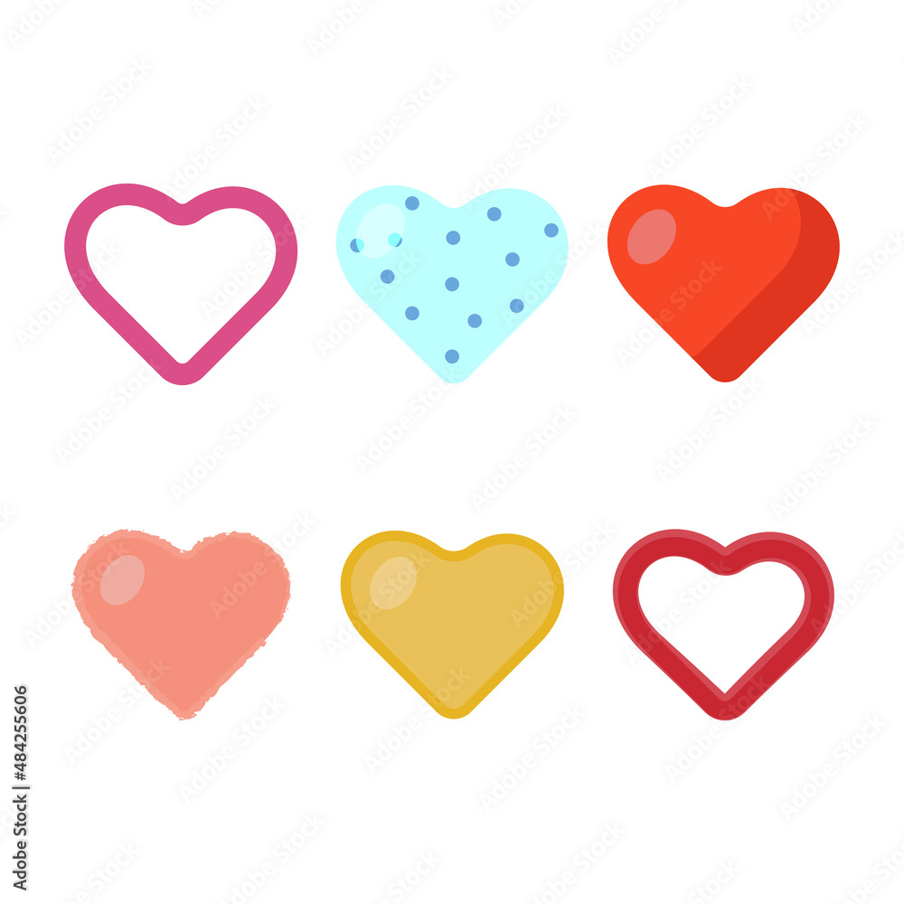 vector illustration, a set of flat hearts on a white isolated background. colorful flat hearts. decoration elements for holiday, valentine's day, wedding