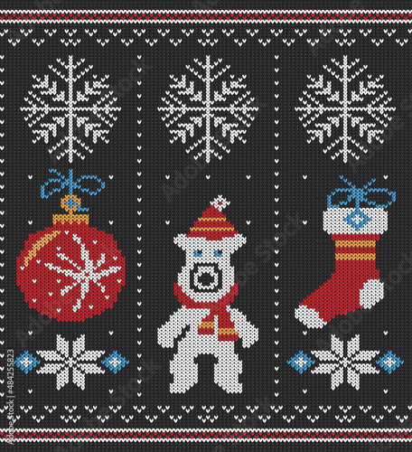 Seamless winter pattern. Scandinavian knitted style. Christmas party, ugly sweater. 