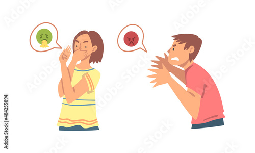 Young Angry Man and Woman Character Expressing Discontent in Social Media with Emoji Vector Illustration Set
