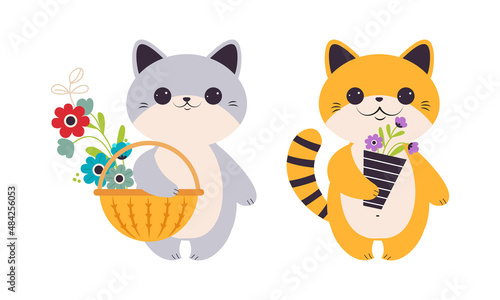Cute Gray and Ginger Cat Animal Holding Flower on Stalk with Paws Vector Illustration Set
