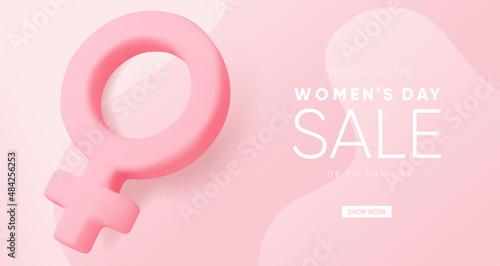 International Women's day banner design. 8 march background with 3d woman sign on pink background.