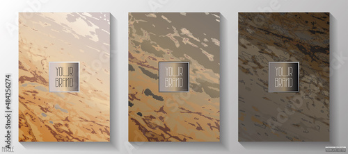 Copertina moderna, set creativo di sfondi, rame, argento metalli preziosi a pattern marmo. Collezione lusso vettoriale per cataloghi, brochure, menù per ristoranti, copertina social.