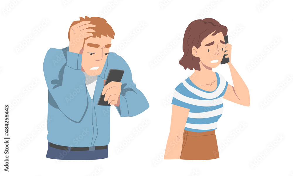 Disappointed with Bad News Man and Woman Character Speaking and Reading Message on Smartphone Vector Illustration Set Disappointed with Bad News Man and Woman Character Speaking and Reading Message on Smartphone Vector Illustration Set