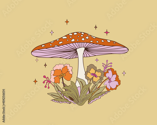 Psychedelic Mushroom and Flower. Vintage style print