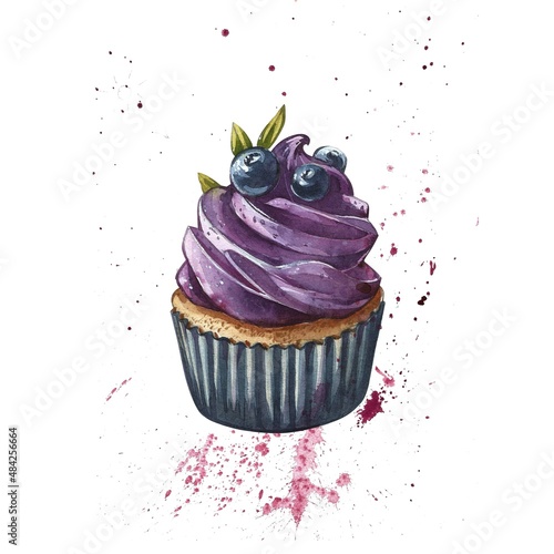 Cupcakes. Hand painted watercolor illustrations cupcakes design for holidays, coffee shops, greeting cards, packaging, for party wedding invitations, scrapbooking paper, dessert cafe menu, stationery