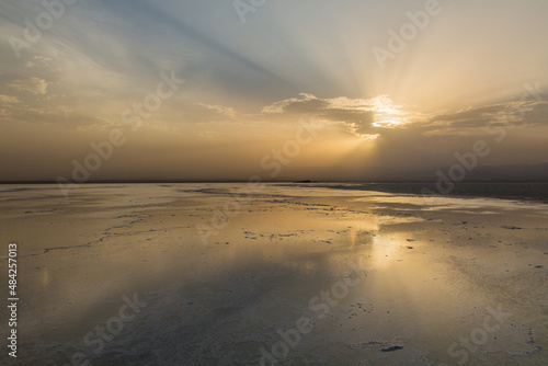 Sunset reflecting on the salt flats in Danakil depression, Ethiopia
