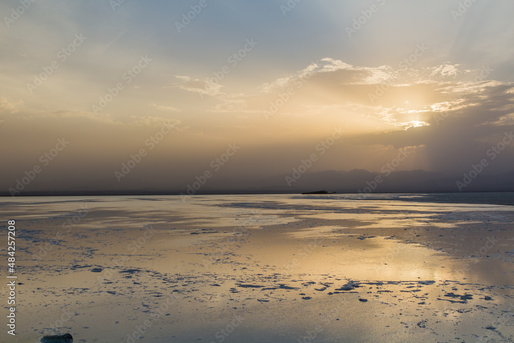 Sunset reflecting on the salt flats in Danakil depression, Ethiopia