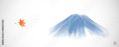 Sumi-e painting with Fujiyama mountain and maple leaf. Traditional oriental ink painting sumi-e, u-sin, go-hua. Translation of hieroglyph - wind