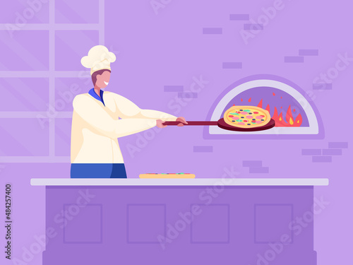 Pizza maker putting pizza on peel to traditional wood fired brick oven in restaurant. Pizzaiolo in cap cooking italian food in pizzeria. Delicious dinner. Business. Cartoon vector illustration.