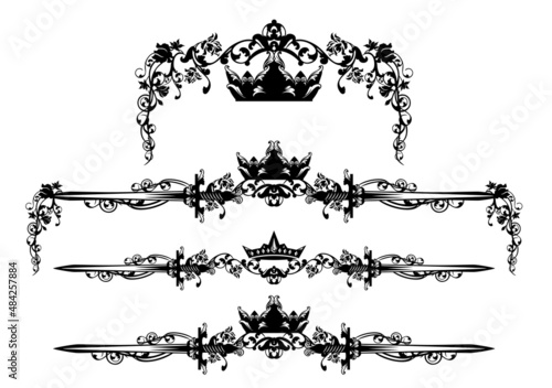fairy tale royal crown, knight sword and rose flowers black and white vector calligraphic page divider silhouette design set