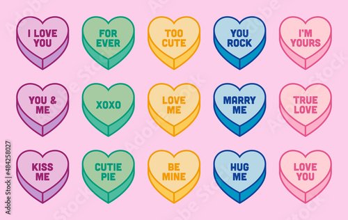 Heart Candy with Love Slogans and Messages. Heart Shaped Candy Vector Illustrations for Valentine's Day Decoration