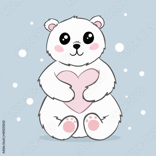 cute cartoon polar baby bear with a pink heart in his hands. isolated drawing on a blue background. poster, postcard, print for clothes