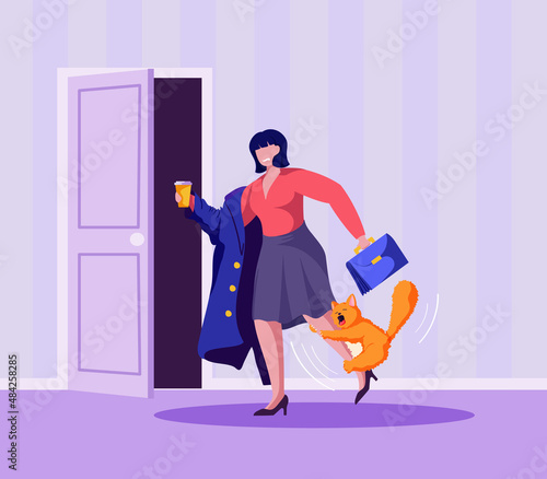 Woman in half-dressed coat holding a cup of coffee and briefcase in hands and running out home. Female worker is late for work, but cat bit her leg. Vector colourful cartoon illustration.