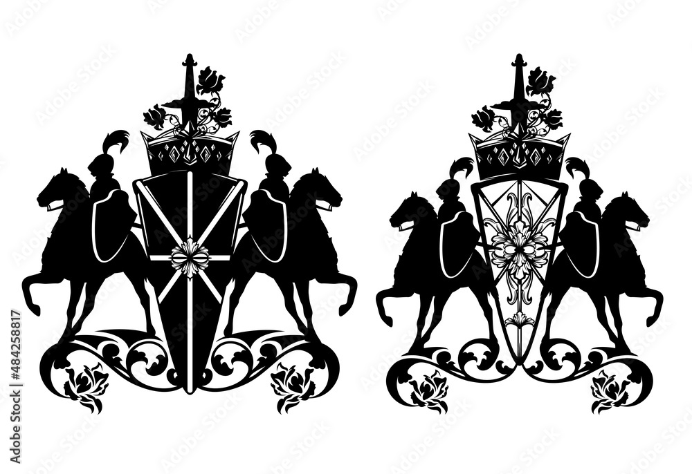 pair of medieval knight horse riders with heraldic shield, king crown ...