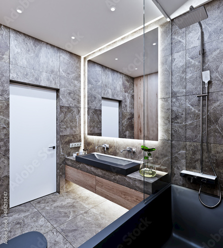 3D interior design of a modern bathroom with marble and wood