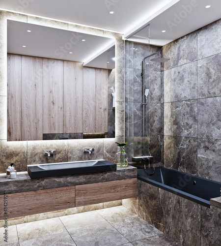 3D interior design of a modern bathroom with marble and wood