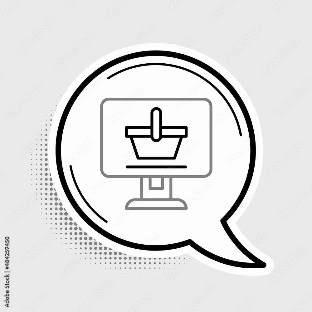 Line Shopping cart on screen computer icon isolated on grey background. Concept e-commerce, e-business, online business marketing. Colorful outline concept. Vector Line Shopping cart on screen computer icon isolated on grey background. Concept e-commerce, e-business, online business marketing. Colorful outline concept. Vector
