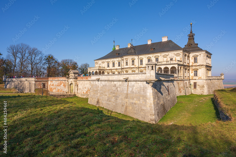 Pidhirci, Ukraine - October 27 2019: View to famous ukranian sightseeing - Old palace castle in Pidhirci was build by Stanislav Koniecpolski, Lviv region, Ukraine
